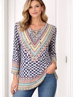 Bohemian Lace-Up V-Neck Checkered Women's Top - Blue Multi